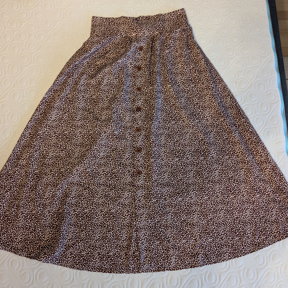 Brown and Cream Midi A-Line Skirt With Buttons